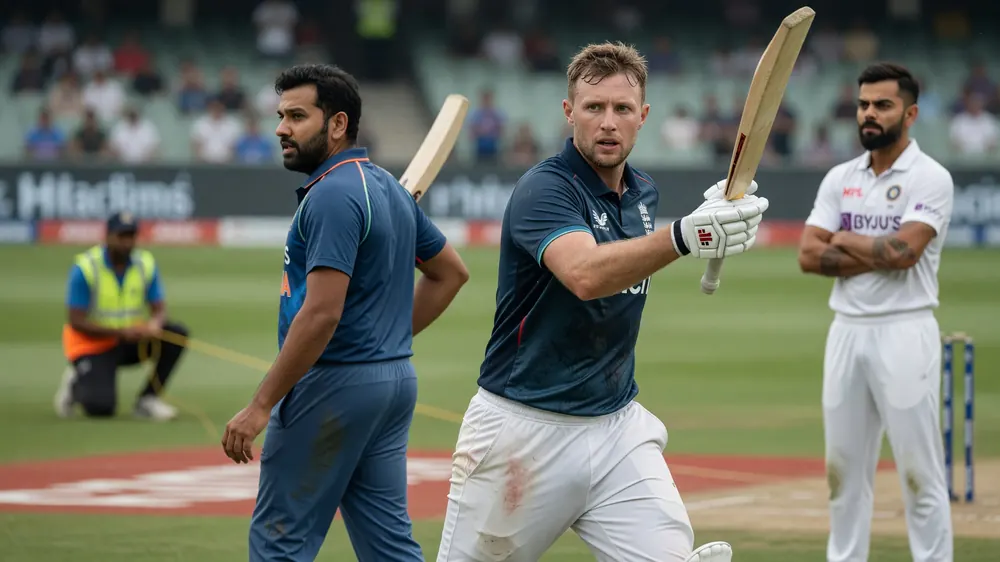 England batter in a navy blue kit raising the bat after a big score, with Indian players nearby on the field