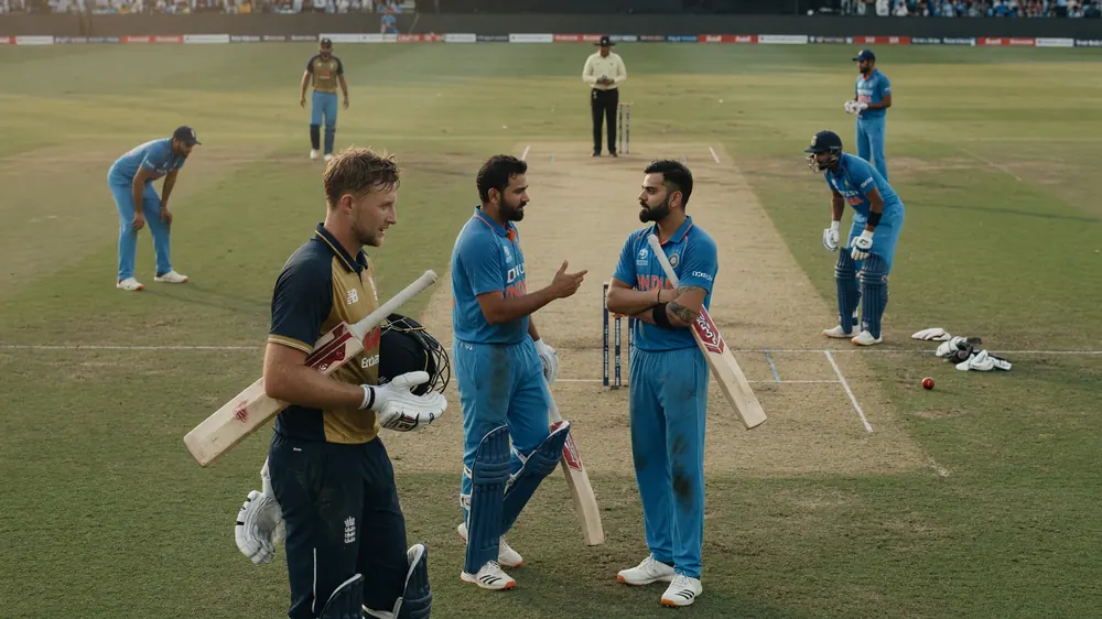 Batters in blue and navy kits talking near the pitch while teammates warm up on the outfield
