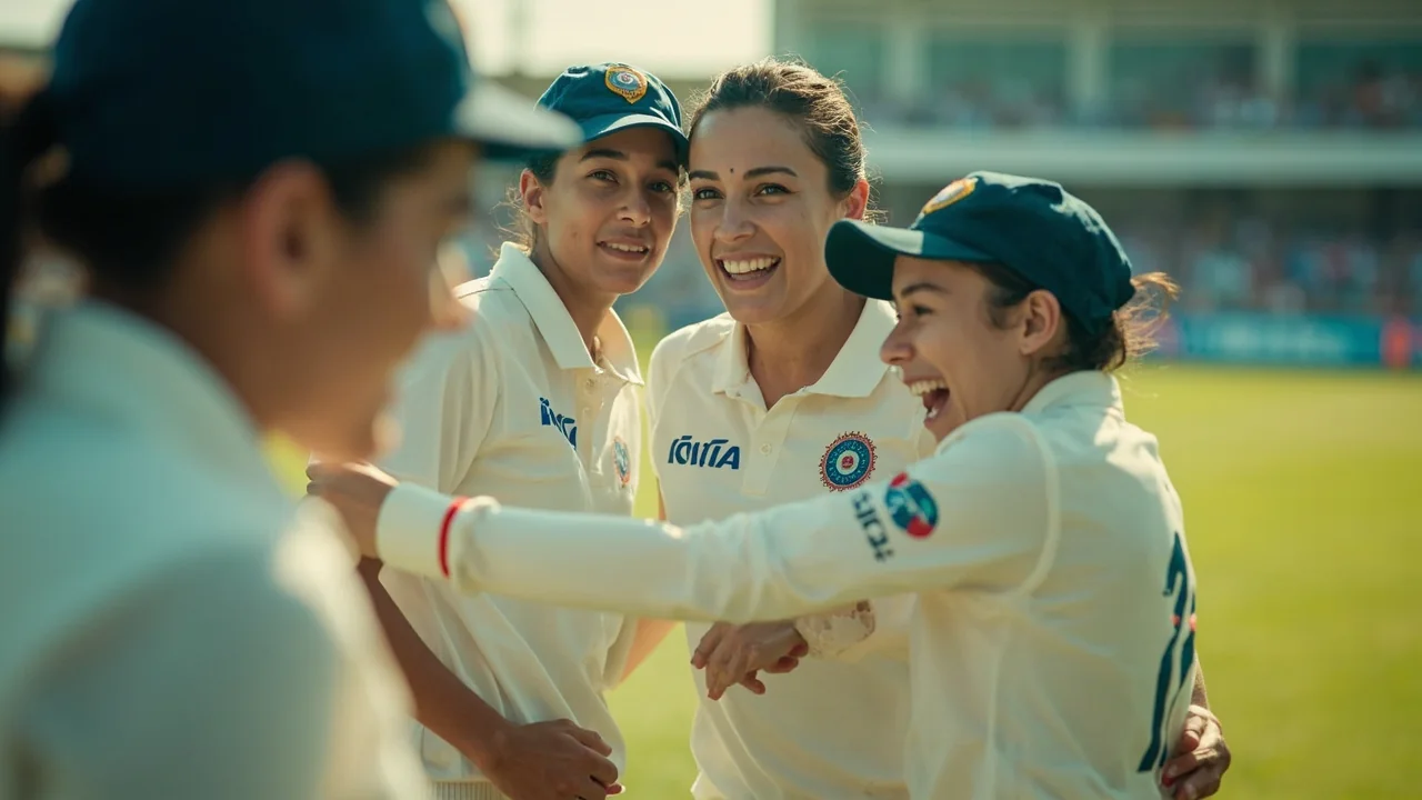 Indian women's fielders set in catching positions near the bat during a Test innings at Lord's