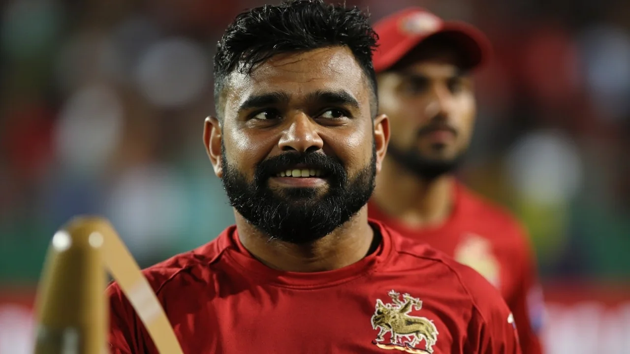 A coach speaks to a group of Royal Challengers Bengaluru players in a tight tactical huddle near the boundary rope during an IPL match