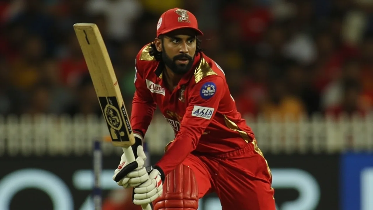 A senior Indian Premier League batter plays a controlled pull shot at the crease during a Royal Challengers Bengaluru chase under floodlights