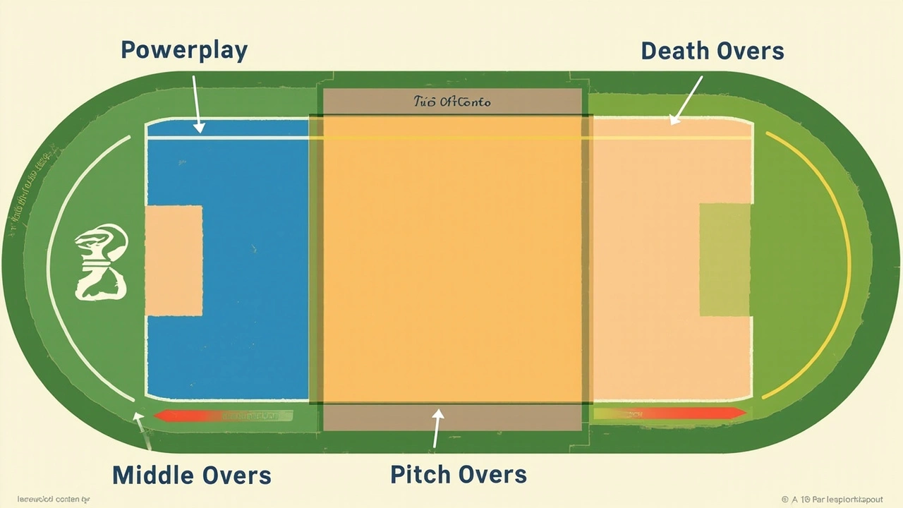 Match prediction pitch report toss infographic showing powerplay middle and death overs zones for IPL 2026 Betrophy fantasy editorial
