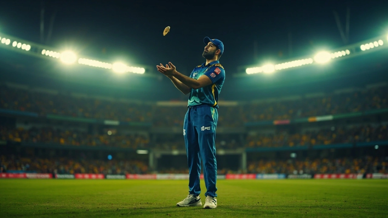 Match prediction pitch report toss moment of a captain flipping the coin at the centre wicket with floodlights in background for Betrophy fantasy IPL 2026