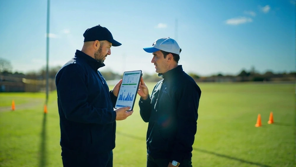 Completed-season fantasy role analysis Cricket coach and analyst reviewing a completed season dashboard beside a practice pitch